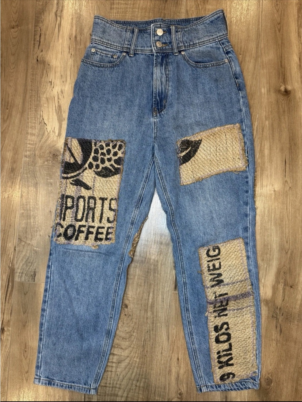 BDG Blue High-Rise Jeans with Burlap Patchwork